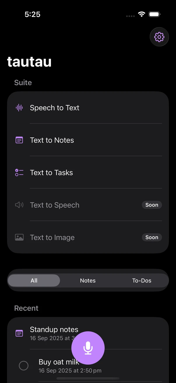 Current tautau iPhone app showing notes, tasks and its microphone button