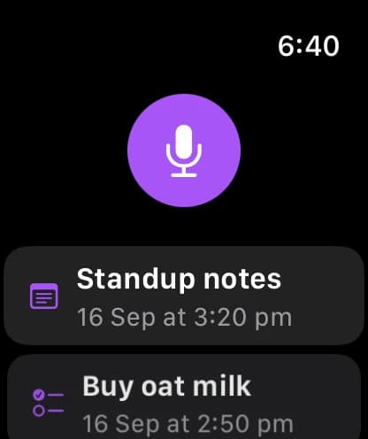 Current tautau Apple Watch app with voice capture and a recent note