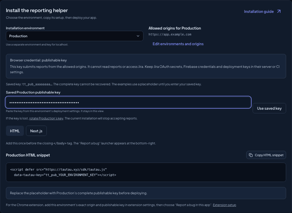 Example Installation tab with a Production environment, exact allowed origin, masked saved key, and copyable HTML snippet.
