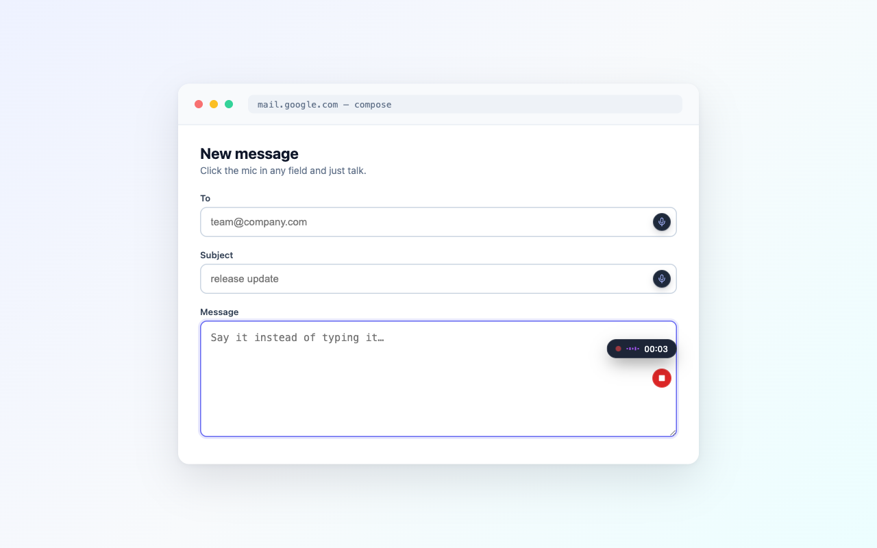 Recording in progress with live voice level meter and timer inside a web form textarea