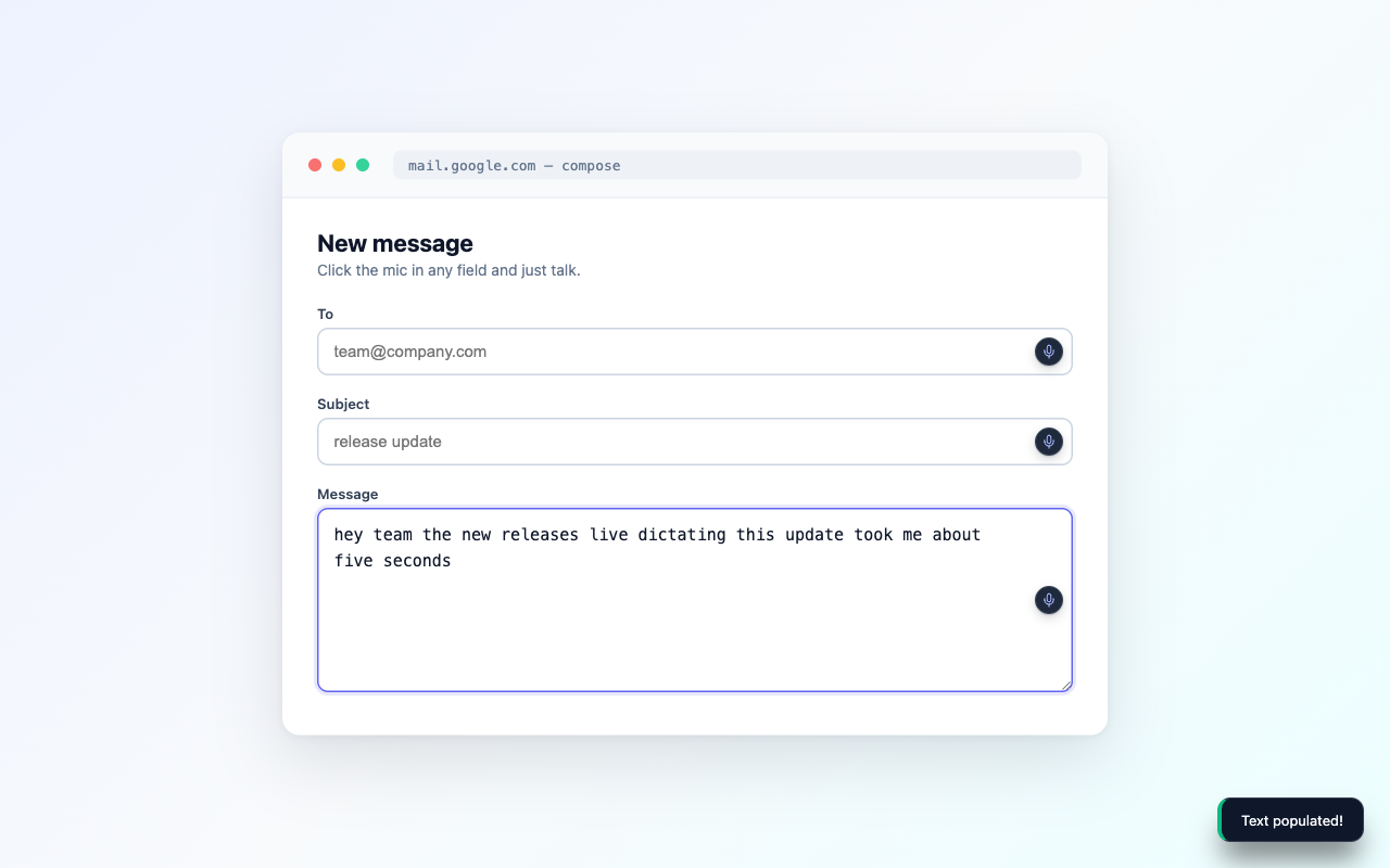 Finished voice dictation transcript populated into the message field by the tautau Chrome extension